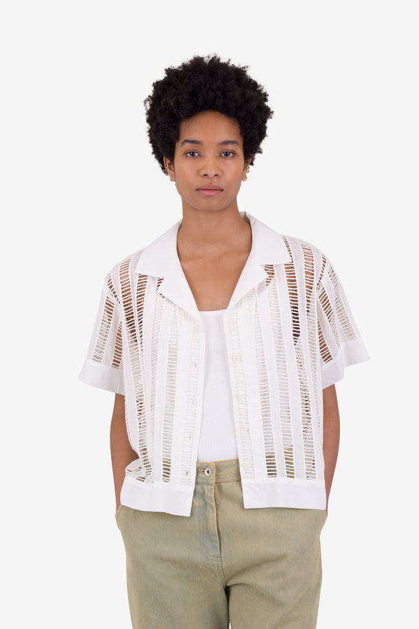 Folk Short Sleeve Soft Collar Shirt - Ecru Ladder Embroidery