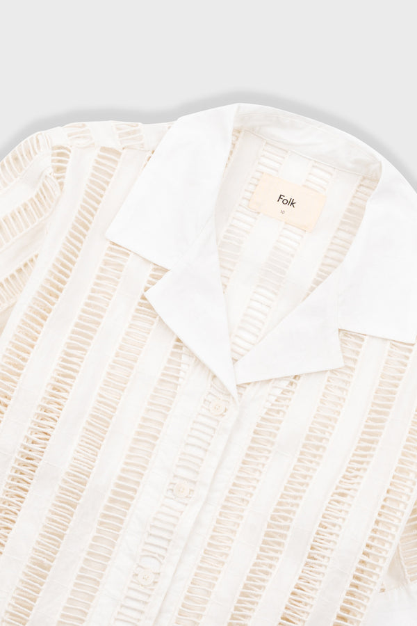 Folk Short Sleeve Soft Collar Shirt - Ecru Ladder Embroidery