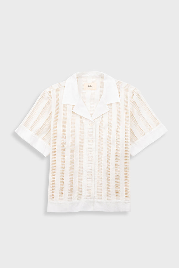 folk Short Sleeve Soft Collar Shirt - Ecru Ladder Embroidery