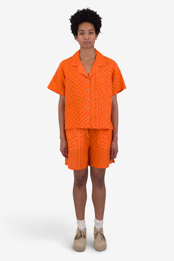 Folk Short Sleeve Soft Collar Shirt - Orange Diamond Print