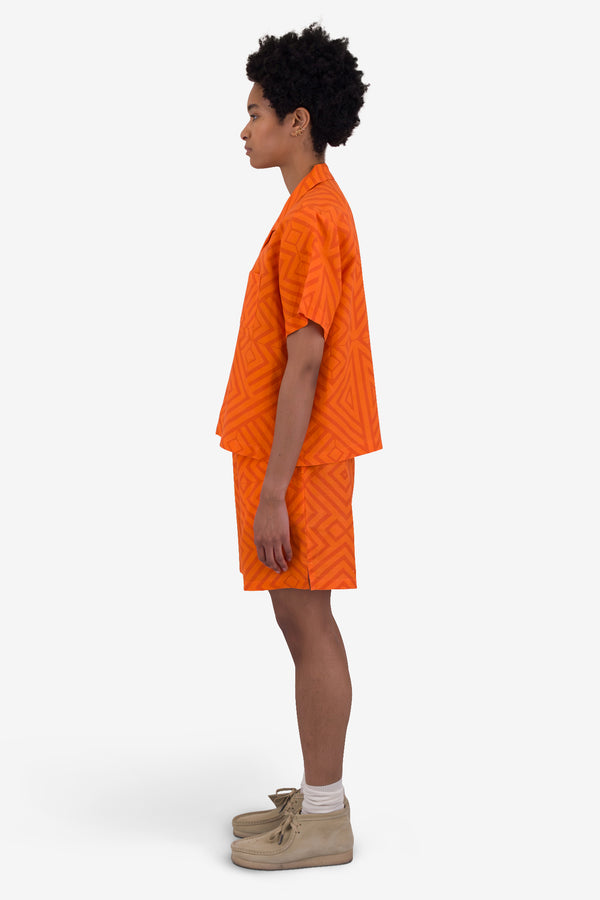 Folk Short Sleeve Soft Collar Shirt - Orange Diamond Print