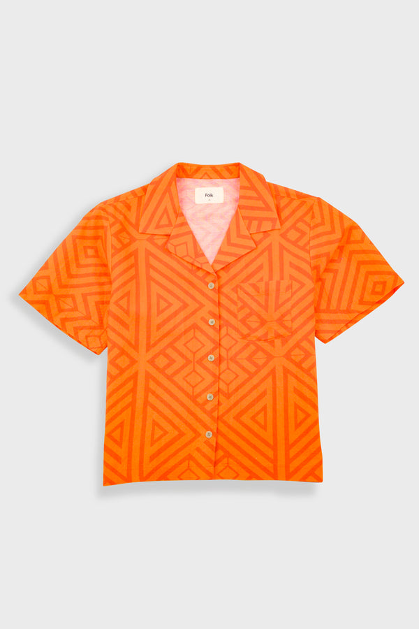 folk Short Sleeve Soft Collar Shirt - Orange Diamond Print