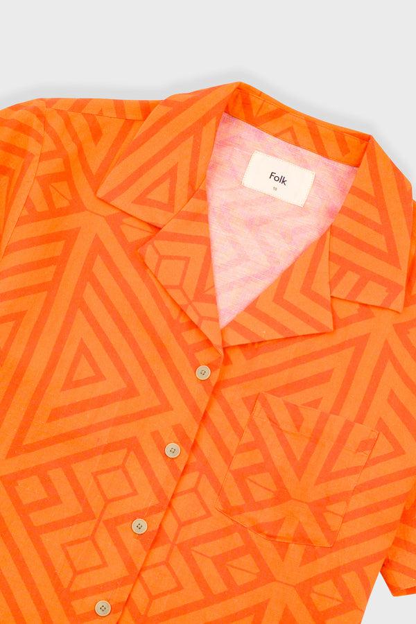 Folk Short Sleeve Soft Collar Shirt - Orange Diamond Print