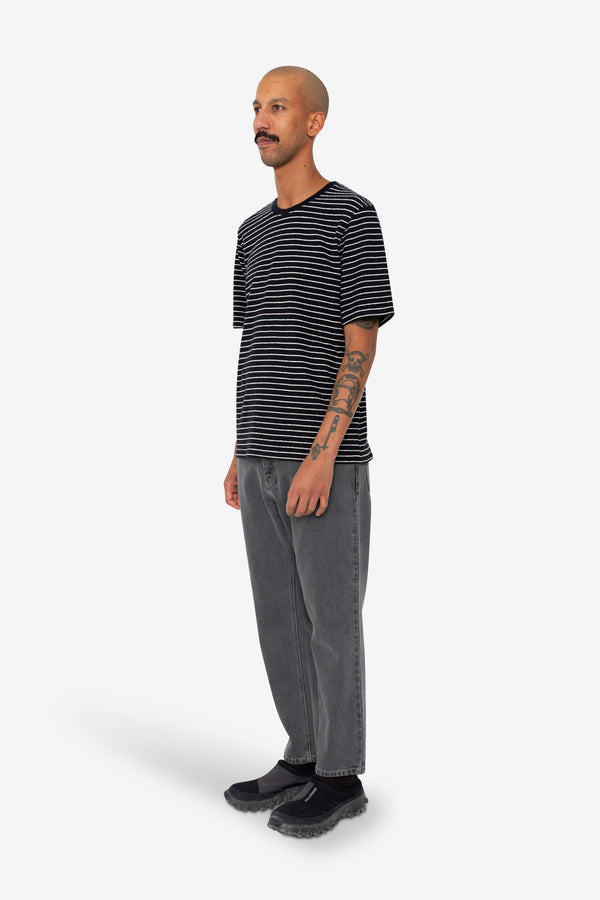 Folk Short Sleeve Textured Striped T-Shirt - Black / Ecru