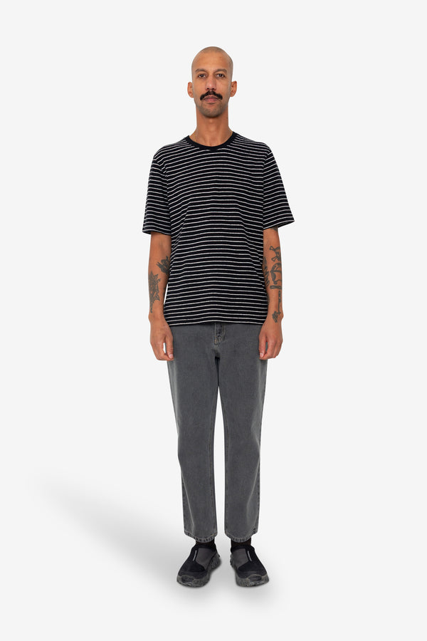 Folk Short Sleeve Textured Striped T-Shirt - Black / Ecru