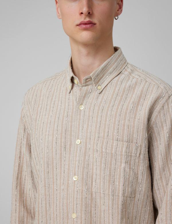 Forét CAMP LINEN SHIRT - KHAKI STRIPE