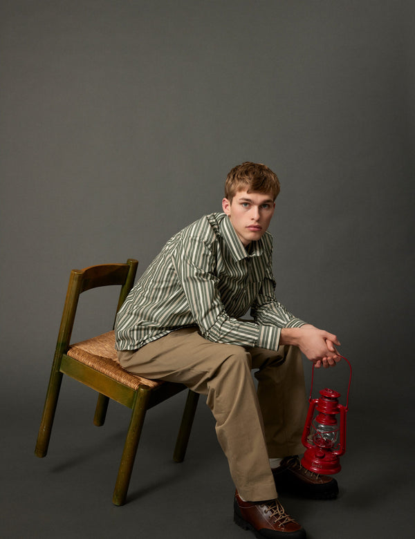 Forét MAPLE POPLIN SHIRT - DARK GREEN STRIPE