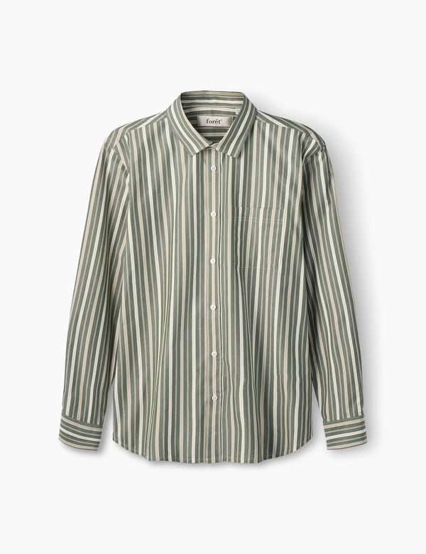 forét MAPLE POPLIN SHIRT - DARK GREEN STRIPE