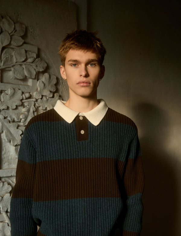 Forét SOW RIB POLO KNIT - BLUE/BROWN