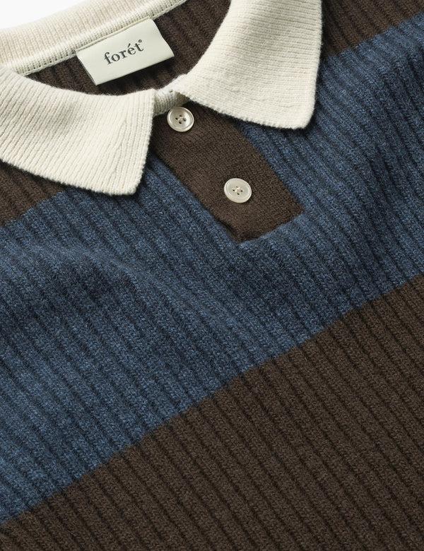 Forét SOW RIB POLO KNIT - BLUE/BROWN