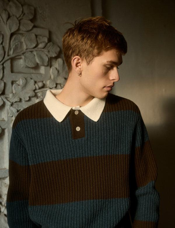 Forét SOW RIB POLO KNIT - BLUE/BROWN