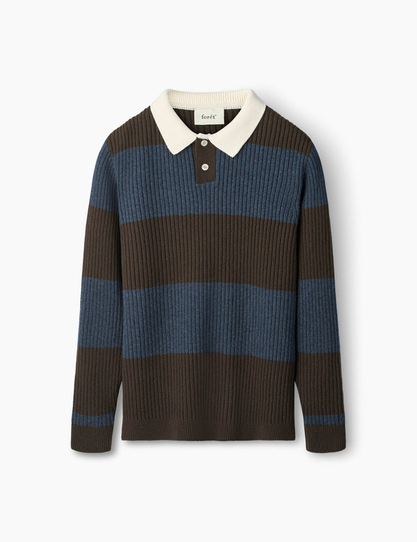 forét SOW RIB POLO KNIT - BLUE/BROWN
