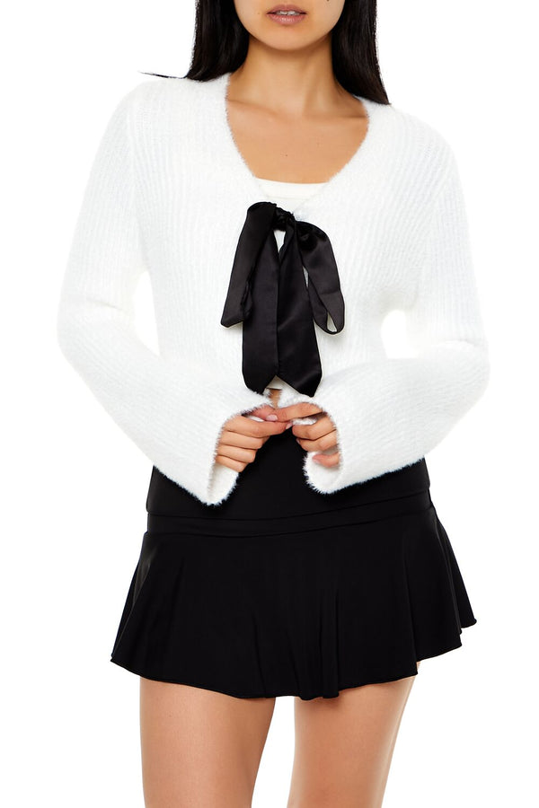 forever 21 Bow Fuzzy Knit Cardigan Sweater