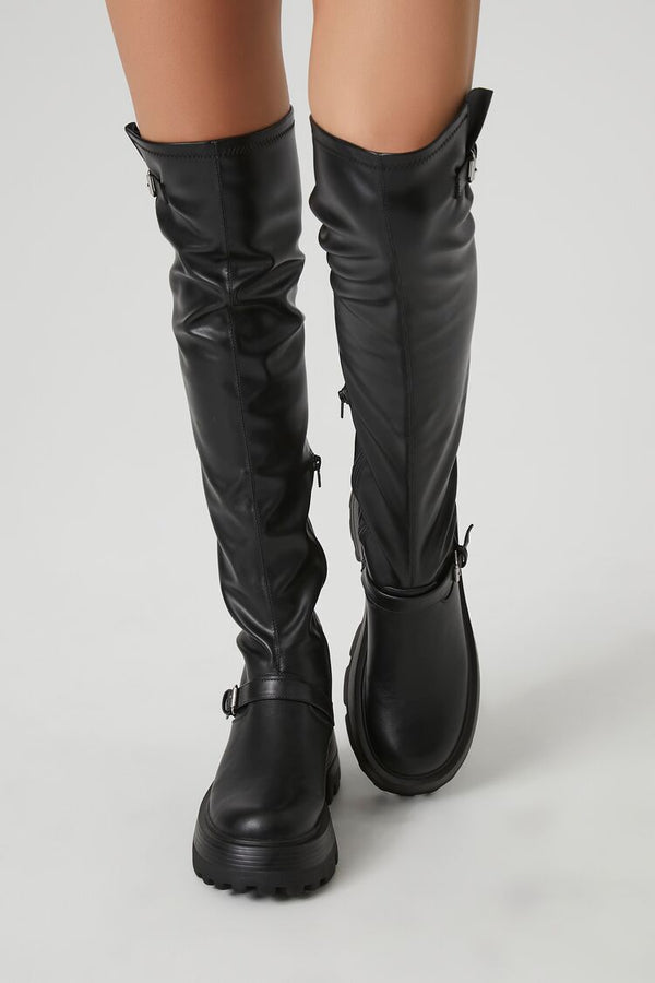 Forever 21 Buckled Faux Leather Knee-High Boots