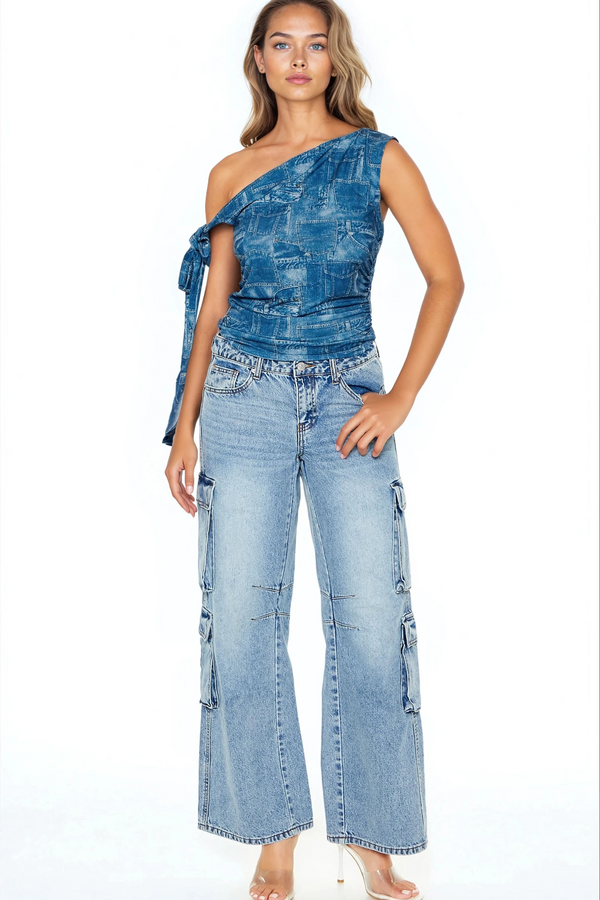 Forever 21 Denim Print Off-the-Shoulder Top
