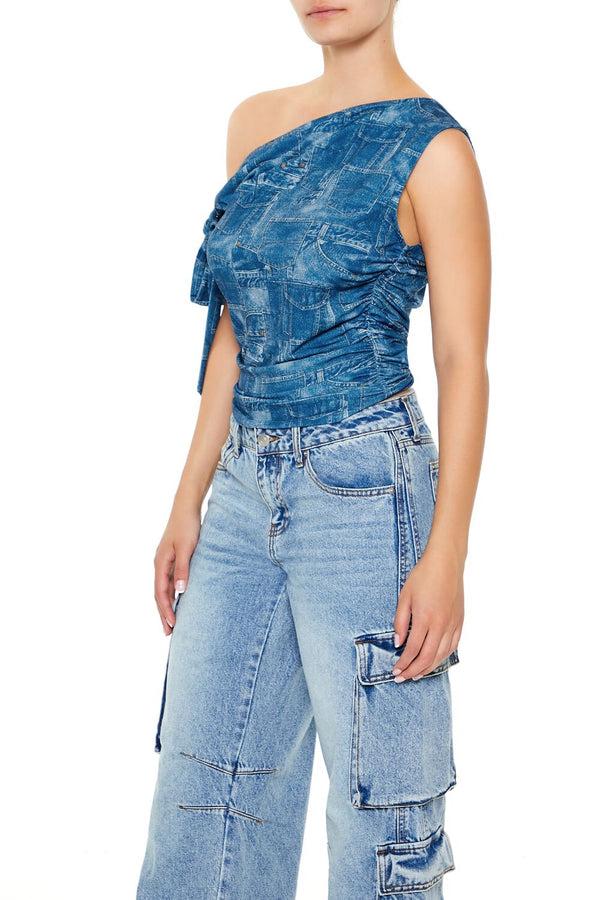 Forever 21 Denim Print Off-the-Shoulder Top