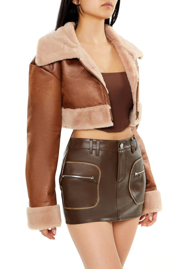 Forever 21 Faux Fur-Trim Cropped Moto Jacket