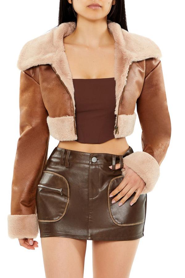 forever 21 Faux Fur-Trim Cropped Moto Jacket