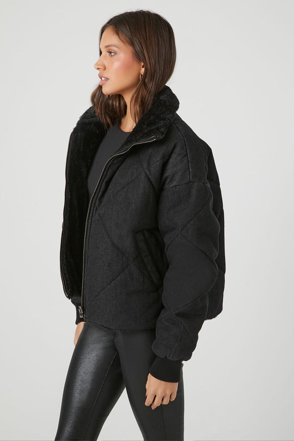 Forever 21 Faux Fur-Trim Quilted Puffer Jacket