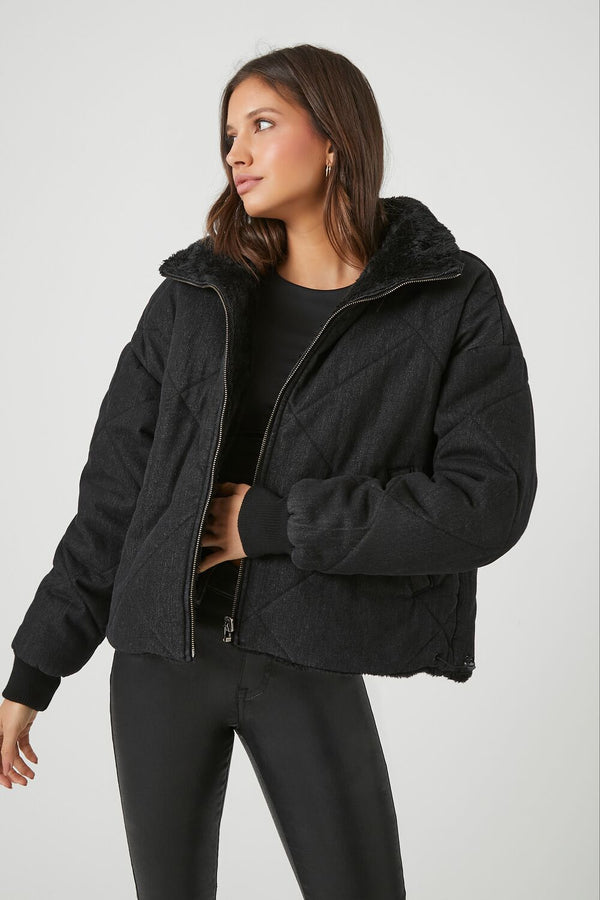 forever 21 Faux Fur-Trim Quilted Puffer Jacket