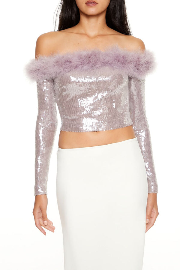 forever 21 Faux Fur-Trim Sequin Crop Top