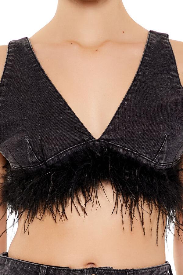 Forever 21 Feather-Trim Denim Bralette