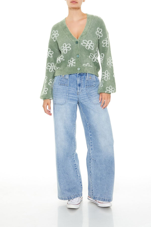 Forever 21 Floral Print Fuzzy Cardigan Sweater