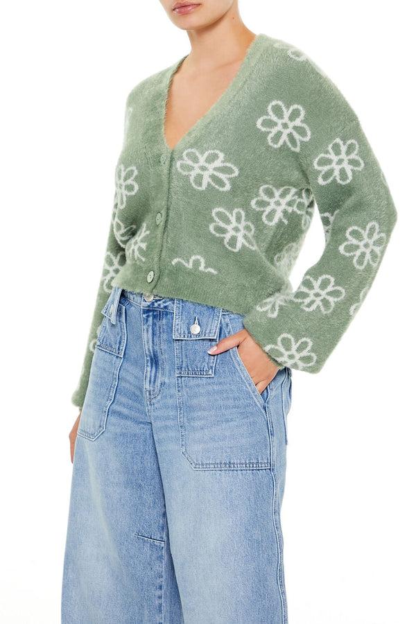 Forever 21 Floral Print Fuzzy Cardigan Sweater