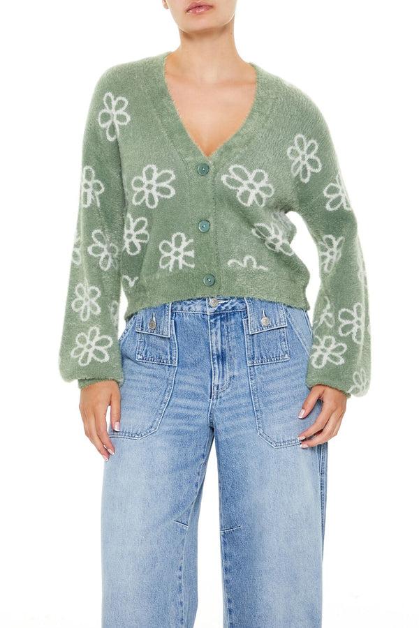 forever 21 Floral Print Fuzzy Cardigan Sweater