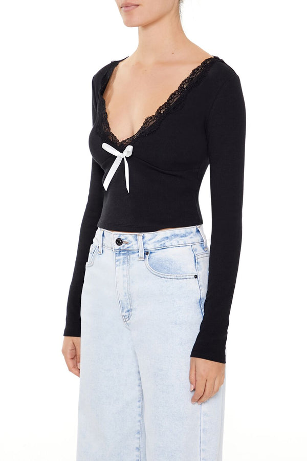 Forever 21 Lace-Trim Plunging Bow Crop Top