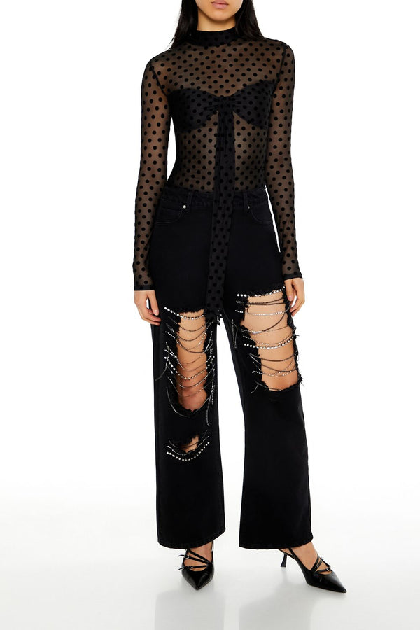 Forever 21 Mesh Polka Dot Mock Neck Top