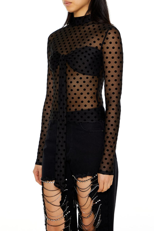 Forever 21 Mesh Polka Dot Mock Neck Top
