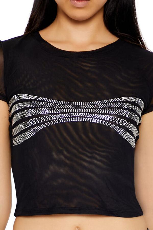 Forever 21 Mesh Rhinestone Cropped Tee