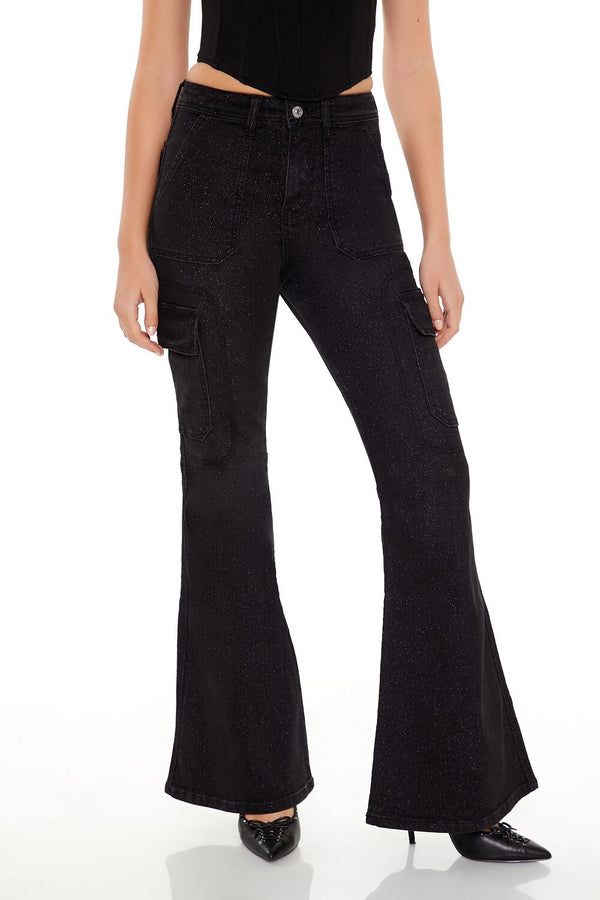 Forever 21 Metallic Sequin Flare Cargo Jeans