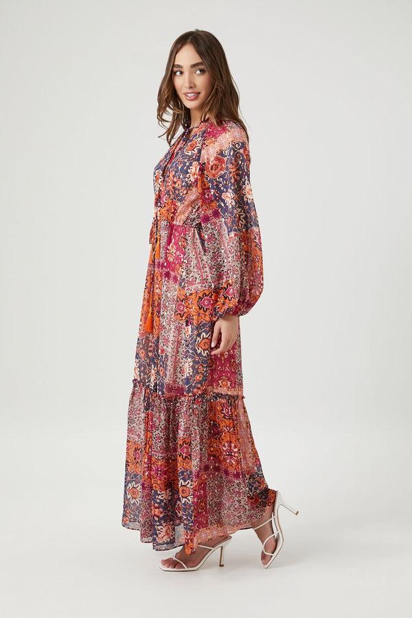 Forever 21 Ornate Floral Peasant-Sleeve Maxi Dress