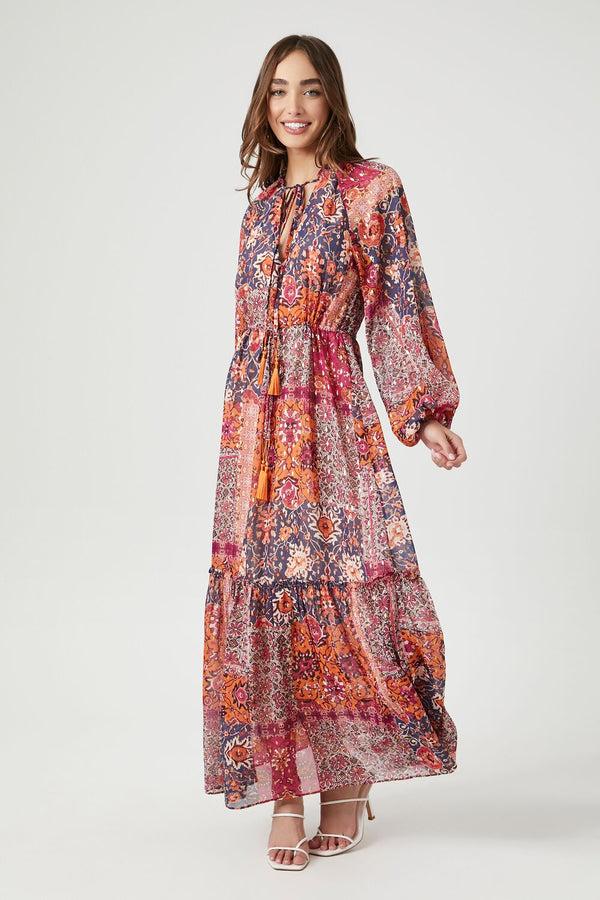 forever 21 Ornate Floral Peasant-Sleeve Maxi Dress
