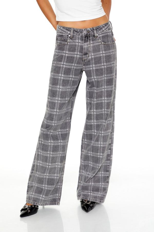 Forever 21 Plaid Mid-Rise Baggy Jeans