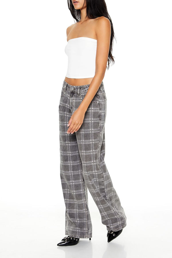 Forever 21 Plaid Mid-Rise Baggy Jeans