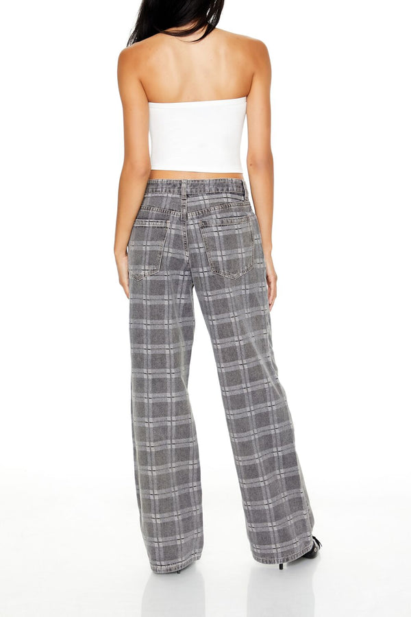 Forever 21 Plaid Mid-Rise Baggy Jeans