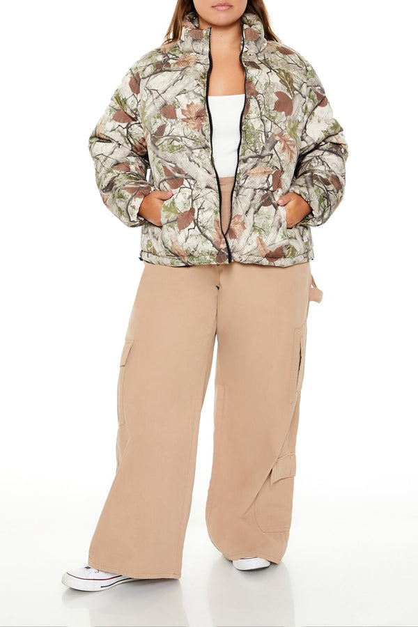Forever 21 Plus Size Leaf Print Puffer Jacket