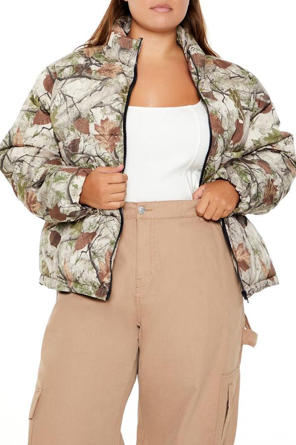 forever 21 Plus Size Leaf Print Puffer Jacket