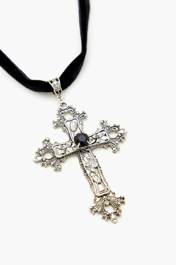 Forever 21 Rhinestone Cross Velvet Necklace