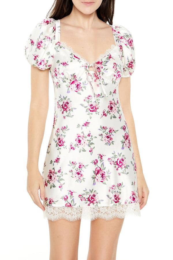 Forever 21 Satin Rose Puff-Sleeve Mini Dress