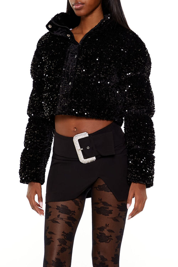 Forever 21 Sequin Faux Fur Puffer Jacket