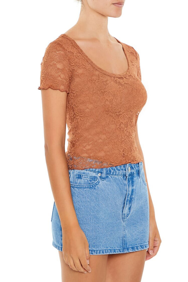 Forever 21 Sheer Lace Lettuce-Edge Tee