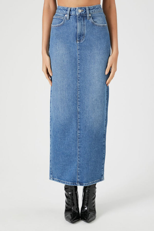 Forever 21 Stone Wash Slit Denim Maxi Skirt