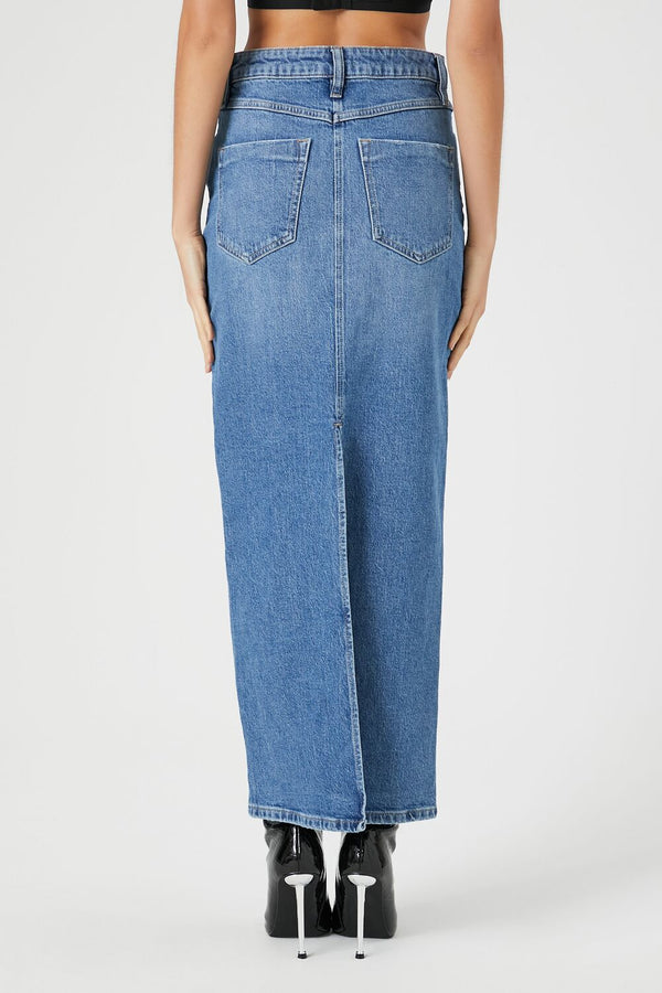 Forever 21 Stone Wash Slit Denim Maxi Skirt