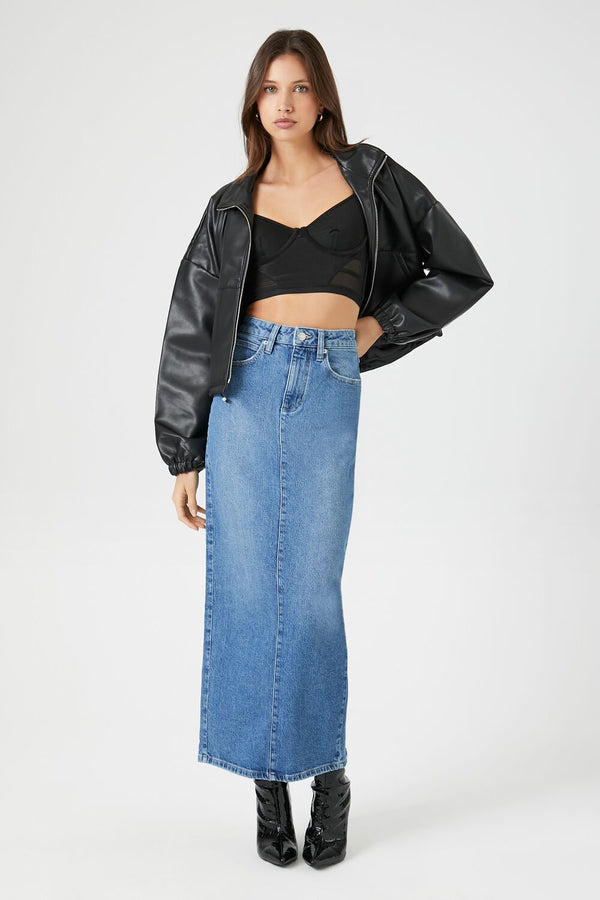 forever 21 Stone Wash Slit Denim Maxi Skirt