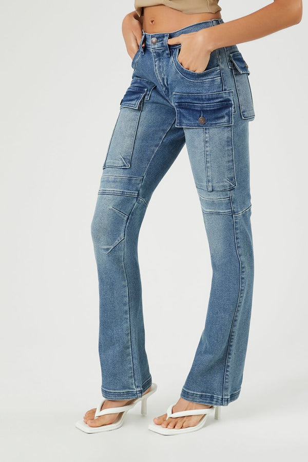 Forever 21 Stretch-Denim Cargo Bootcut Jeans