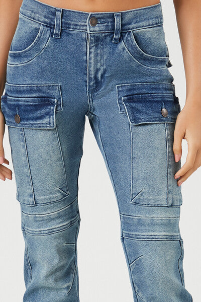 Forever 21 Stretch-Denim Cargo Bootcut Jeans